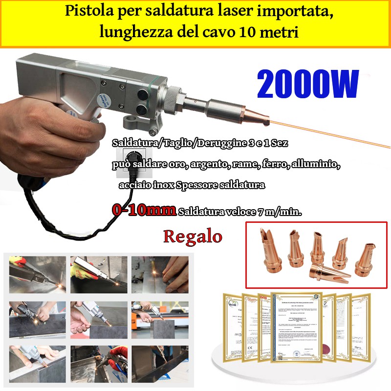 Pistola láser multifunción de 2000 W (oro/plata/cobre/hierro/aluminio/acero inoxidable) Espesor de soldadura 0-10 mm (soldadura/corte dos en uno)