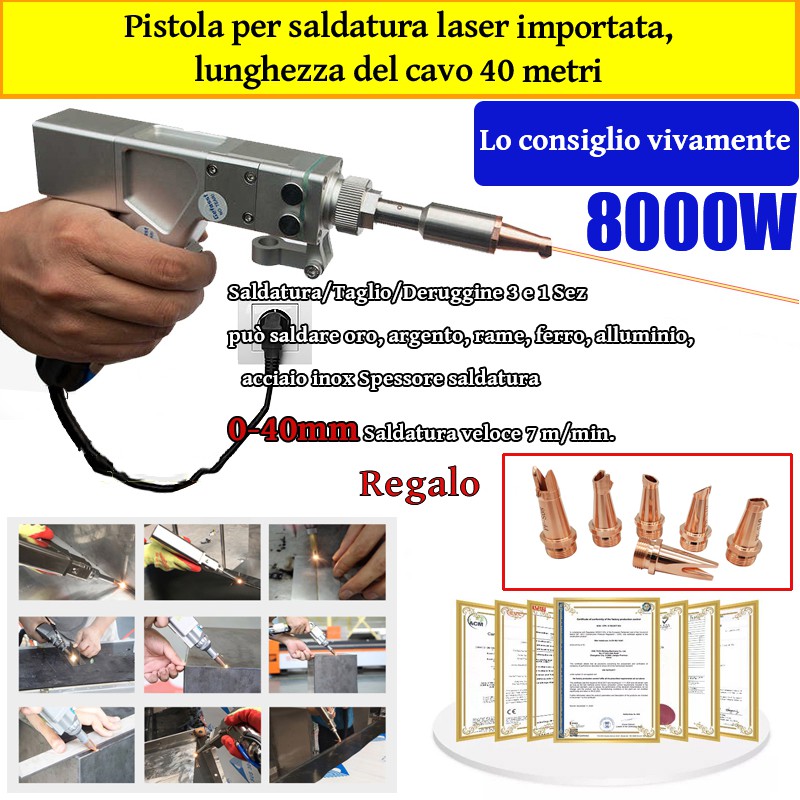 Pistola láser multifunción de 8000 W (soldadura de oro/plata/cobre/hierro/aluminio/acero inoxidable) Espesor de soldadura 0-40 mm (soldadura/corte/eliminación de piedras 3 en 1)